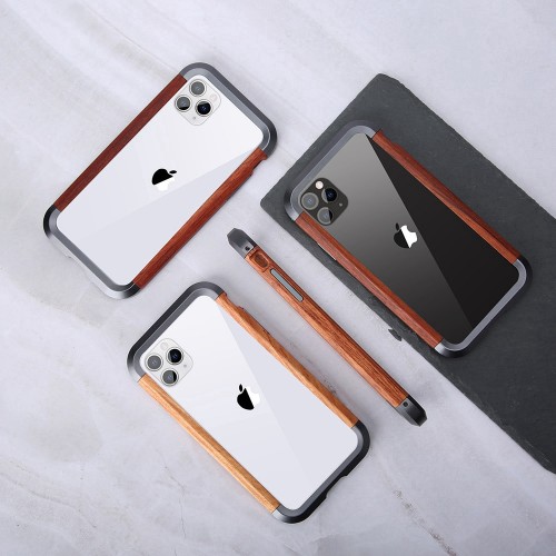 R-JUST Wood + Metal Frame Iphone 11 Pro max 6.5 / Bumper Case Retro Bahan Kayu dengan Casing Metal