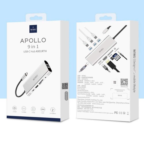 HUC-005 Original WIWU APOLLO A931HRT 9 In 1 Aluminium USB Type-C Adapter Hub