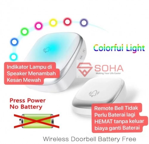 BEL-005 1 Receiver HEMAT TANPA BATERAI Wireless Doorbell Waterproof Door Bell No Battery House LED Light Ring tunes Volume Lonceng Bel Pintu