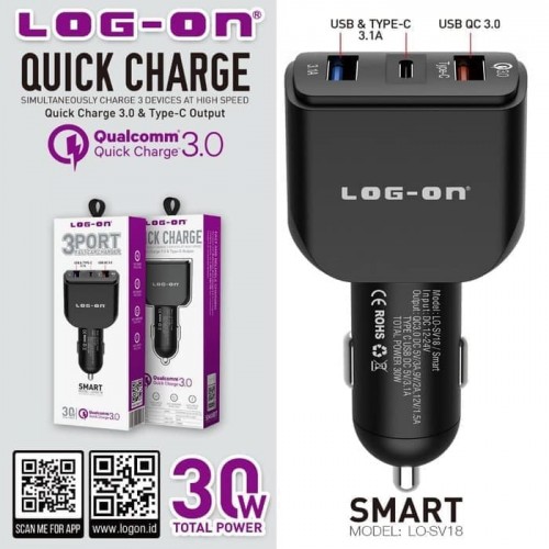 CAR CHARGER SAVER / Charger Mobil LOG ON LO-SV18 SMART 3 Port / 3 USB