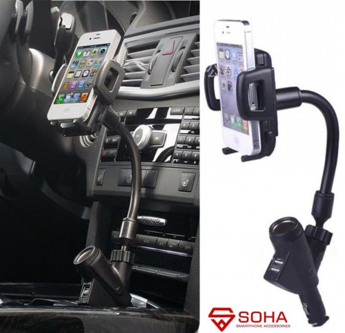 CH-005 Car Holder Plus Saver Mobil 2 Output USB Charger Holder Mobil GPS Ada Fitur Charger di Mobil