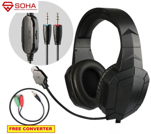 HGM-001 SOHA S-X30 Headphones Bando Gaming / Headset Kabel PC & Free Konverter ke Smartphone / earphone Stereo PC Wired