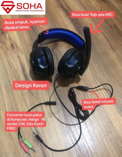 HGM-006 SOHA Headphones Bando Gaming / Headset Smartphone & Free Konverter ke PC / earphone Stereo Suara Jernih & Bass