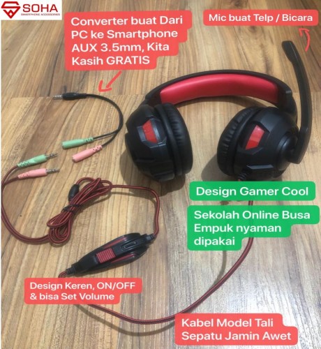 HGM-007 SOHA Headphones Bando Gaming / Headset Smartphone & Free Konverter Aux / earphone Stereo Suara Jernih & Bass