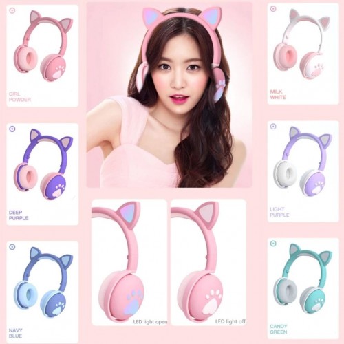 HGM-015 Cat Ear LED Light Headphones / Earphone Bisa Bluetooth / Bisa Kabel Aux Model Telinga Kucing ada Lampu nya Bass Stereo Rechargeable