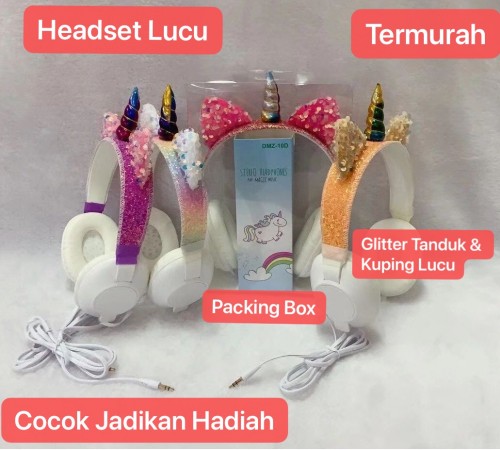 HGM-017 Headset Bando Unicorn Karakter /  Headphone Kabel Kids Cartoon Ada Telinga Glitter dan Tanduk Unicorn Lucu Anak - anak Earphone Kado