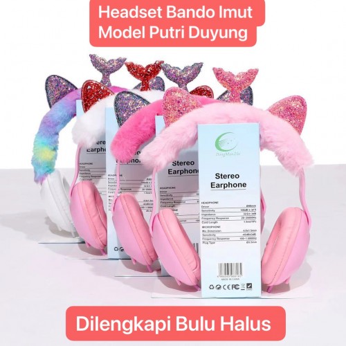 HGM-019 Headset Bando Karakter Lumba Ekor Putri Duyung / Headphone Kabel Kids Cartoon Telinga Glitter Lucu anak Earphone Kado Hadiah