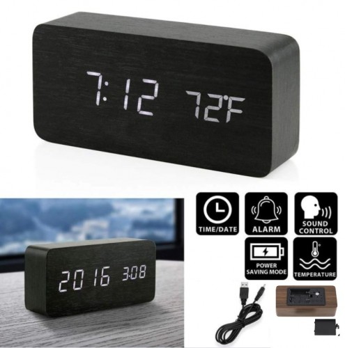 JD-03 Hitam Jam Meja Motif Kayu Digital Led Weker / Desain Wood Alarm LED Clock Waker Suhu temperature date Tanggal Jam Kerja