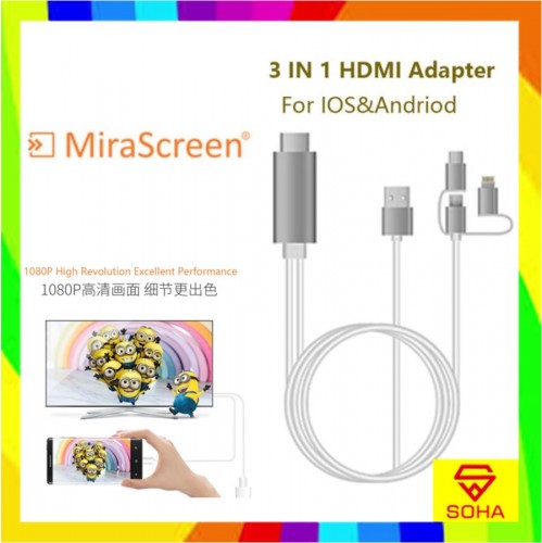 KHD-002 3 in 1 Kabel HDMI USB Cable iPhone Lightning Android Micro USB Type C HDMI HDTV Digital AV Adapter