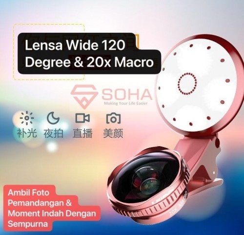 LNZ-006 Lensa Kamera Universal Use 3 in 1 Plus Ring Light Lampu Recharge able Hasil Wide & 20x Macro Lens Camera Fokus dan Jernih Rechargeable