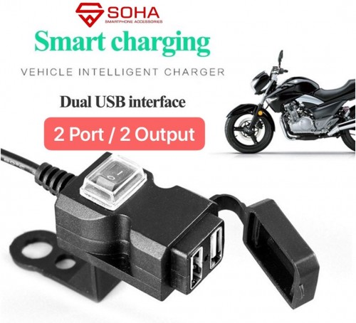 SOHA MLD-002 Charger Sepeda Motor Motorbike 2.1 Ampere Anti Air Hujan WaterProof Tombol On Off Plus 2 Output Dual Port USB di Spion di Stang MLD-3021