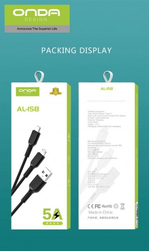ONDA AL-158 Type C Kabel Data USB Fast Charging 5A 100cm Quality Trusted Bahan Tebal BerGaransi