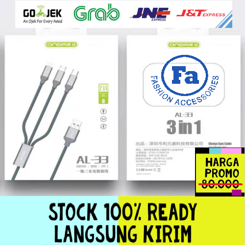 ONDA AL-33 Kabel 3 In 1 Fast Charging 2.1A 120cm Data USB Quality Trusted Bahan Tali Sepatu STRDY