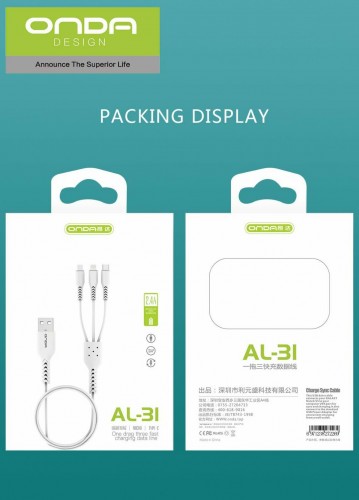 ONDA AL-31 Kabel 3 In 1 Fast Charging 2.4A 120cm Data USB Quality Trusted Micro Type C Lightning jadi 1 Kabel