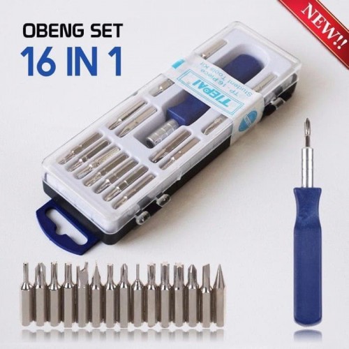 Obeng Set 16 in 1 / 16in1 - Lengkap Ujung Kepala Obeng Bisa di Ganti Model Bintang Minus Plus Salib