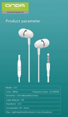 Onda E-13 Earphone Music Stereo Telepon Headset Handfree Kualitas Bagus Packing Exclusive