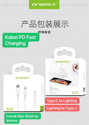 Onda S-01 Kabel USB Type C Ke Lightning / Iphone Kabel Charger iPhone PD Fast Charging