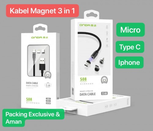 Onda S-08 Kabel Charger Magnetic 3In1 For iPhone , MiCro ,Tipe C Multi LED Quick Charge Magnet