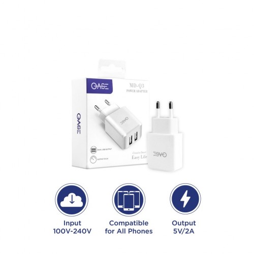 Power Adapter OASE MD-Q3 Dual USB Batok Travel Charger 2A Fast Charging Casan