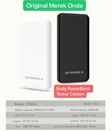 Power Bank Onda N-11 10.000 Mah - Design Slim Tipis Motif Carbon 2 Output Fast Charging 2.1A STRDY