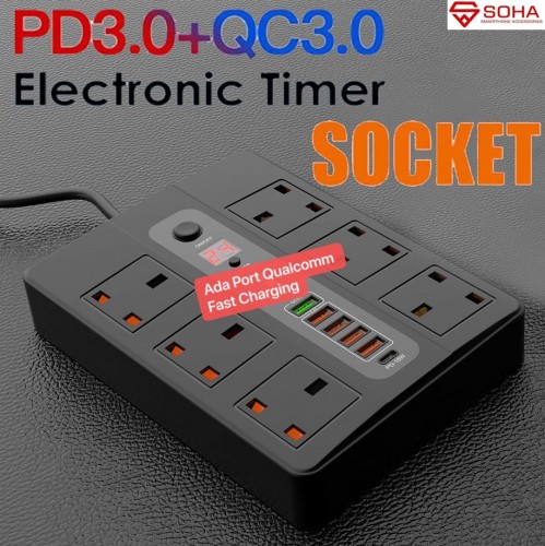 SOHA BKL-11 Hitam Stop Kontak Pakai Waktu / Power Socket Timer + 5 USB Port 3.4A & Qualcomm Multi Port & 1 Port Type C PD 18W