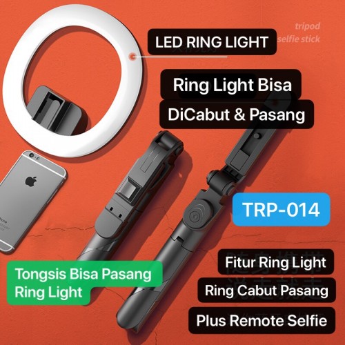 SOHA TRP-014 Tongsis Ring Light Plus Wireless Bluetooth Selfie Stick Monopods Universal Bisa dikecilin Lampu Cabut Pasang & Bisa Buat Lampu Belajar