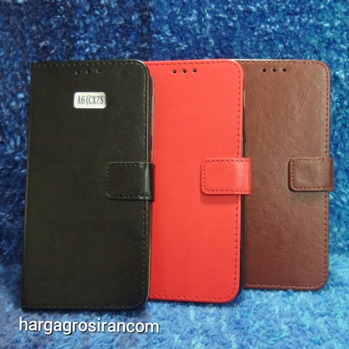 Samsung Galaxy A6 2018 - Sarung Kulit Ada Penjepit / Kancing dan Pinggiran Jahitan Leather Case FS