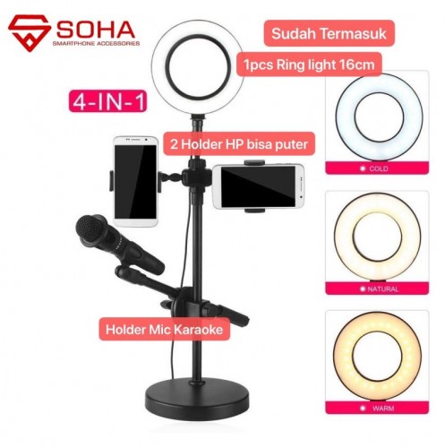 TRP-016 SOHA Stand Mic Karaoke + Holder Mobile Stand + Ring Light Lampu 16cm Selfie Bisa Makeup Live / Siaran Langsung / Vlogger Live Streaming