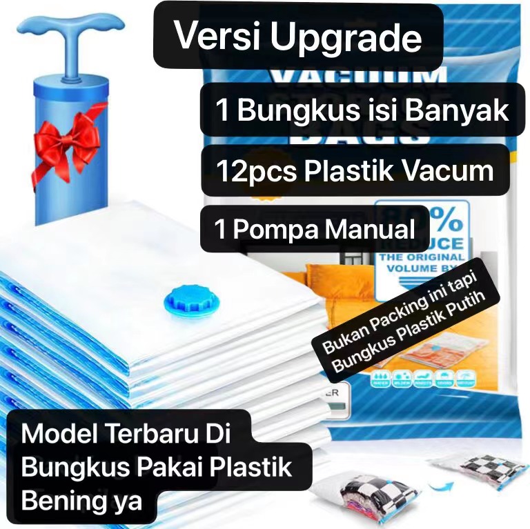 VB-01 FREE 1 Pompa dan 12 Pcs Bag Plastik Vacuum Bag Untuk Pakaian Kualitas Bagus dan Lengkap / Baju Storage Bag Dengan Valve Transparan