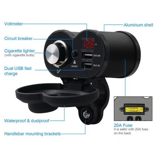 MLD-001 CD3110 3 in 1 Charger Sepeda Motor 2 Output USB Dengan Voltmeter Digital Display dan Ada Charger Seperti di Mobil