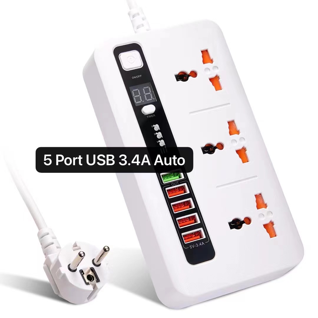 BKL-04 Stop Kontak USB 3 Power Socket plus 5 USB Port 3.4A / Multi Port Charger Auto Off Timer