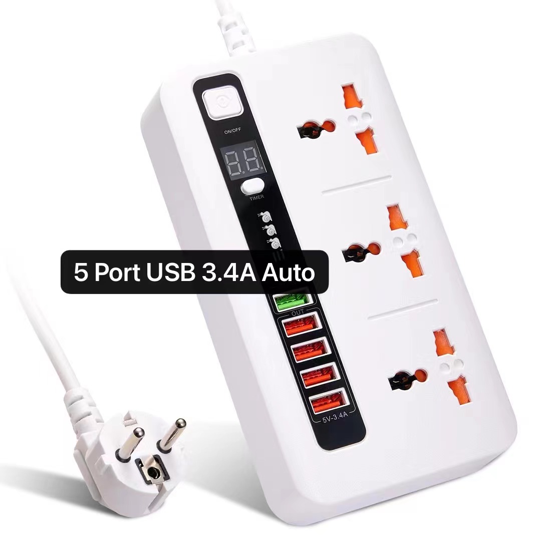 BKL-04 IC Putih Stop Kontak USB 3 Power Socket plus 5 USB Port 3.4A / Multi Port Charger Auto Off Timer