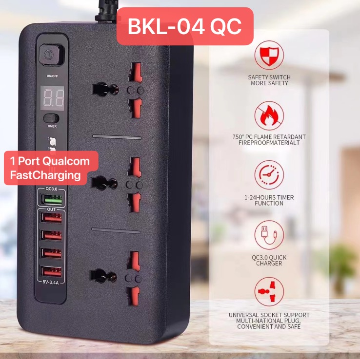 BKL-05 Stop Kontak QualComm Power Socket Ada 5 USB Port 3.4A / Multi Port Auto Off Timer International