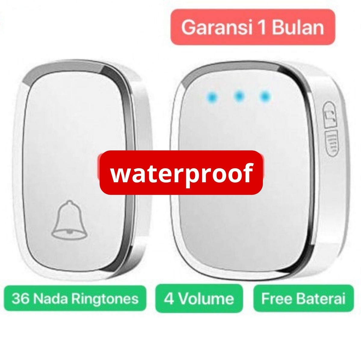 BEL-002 Bel Rumah Wireless Doorbell Waterproof Door Bell 36 Nada Tahan Air Hujan Pintu Bell LED Light 36 Ring tunes dan 4 Level Volume Lonceng