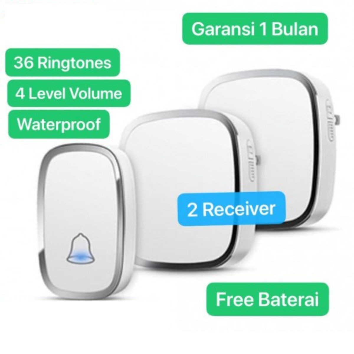 BEL-003 2 Receiver Wireless Doorbell Waterproof Lonceng / Bell Pintu / Bel Rumah Door Bell House LED Light 36 Nada / Ringtones & 4 Level Volume