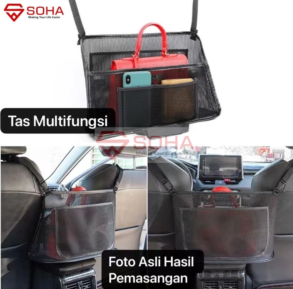 AM-06 Tas Universal Car Storage Organizer Set Net Kantong Tas Jaring Penyimpan Mobil Tampas Tas Serbaguna Ada Karet Taruh Botol Anti Jatuh