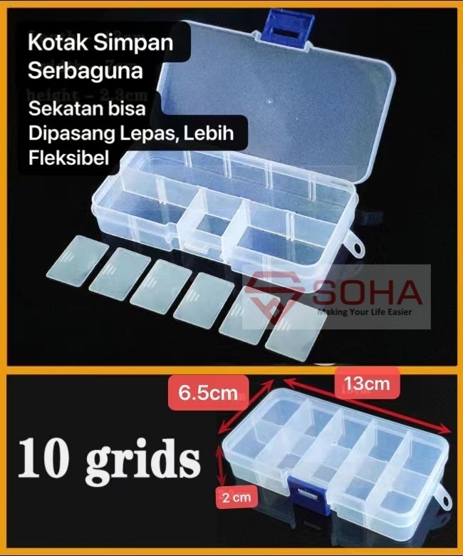 ART-035 10 Sekat Tempat Kotak Obat Plastik Penyimpanan Manik Mote Kancing Serbaguna