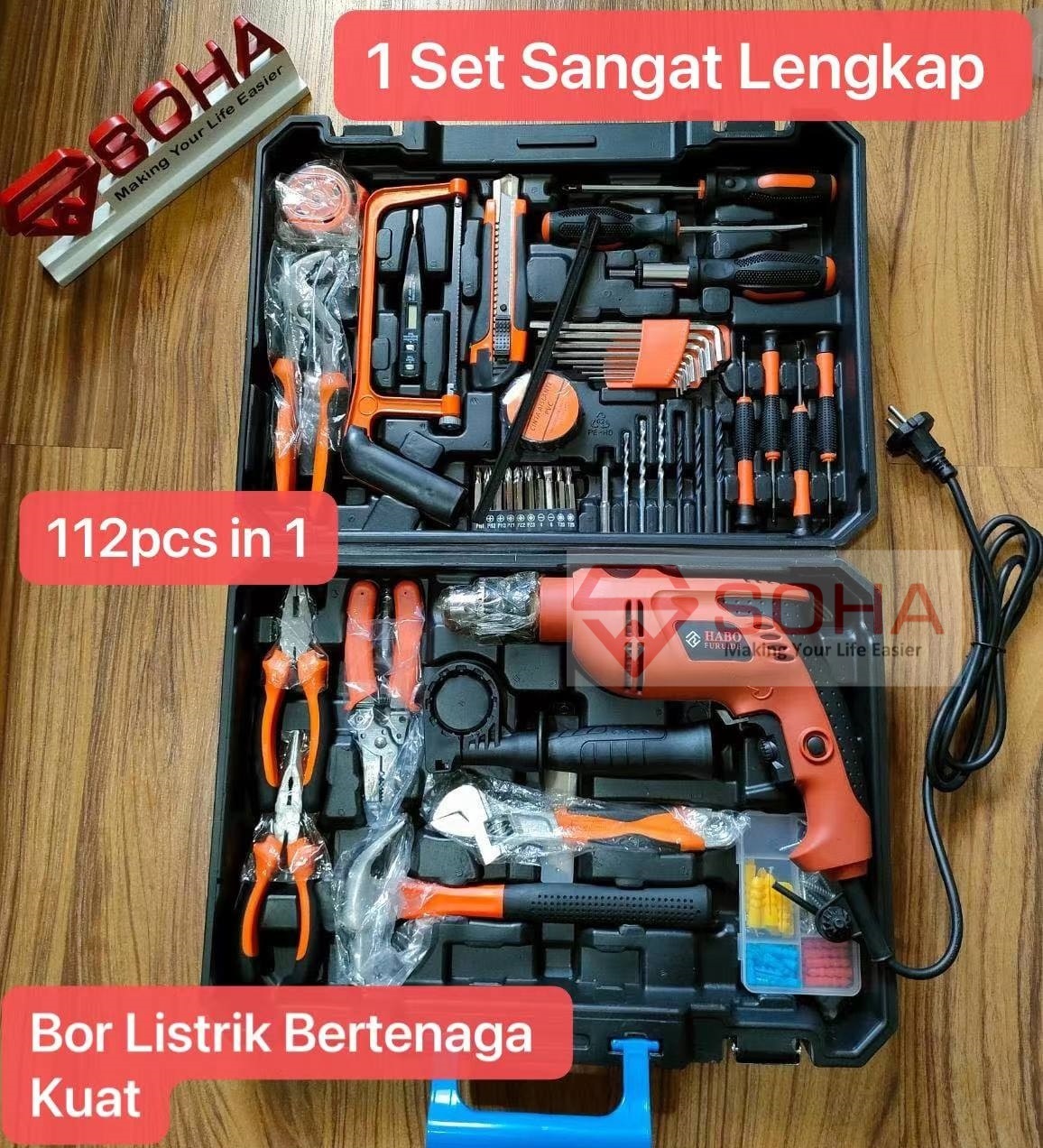 ART-040 SOHA Toolkit 112 Pcs 1 Set Box Kotak Alat Perkakas Bor Listrik Palu Tang Obeng Kunci Pas TOOLS Mekanik & Rumah Tangga Toolset Toolbox Tool Kit