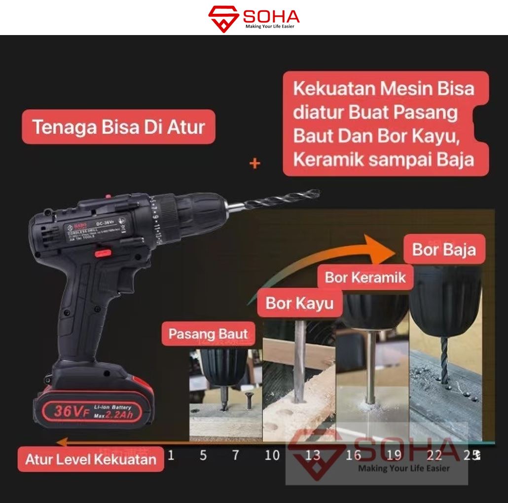 ART-041 Mesin Bor Portable Listrik Cordless Lithium Bor Tanpa Kabel Free 2 Unit Baterai Cas & Mata Bor Plus Box Cordless IMPACT BATTERY Drill Beton