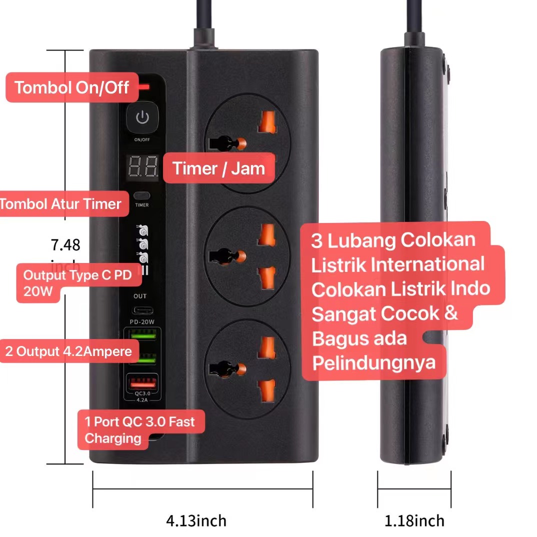 BKL-13 Timer Stop Kontak QualComm Power Socket Qualcomm Fast Charging 3 USB Port 4.2A PD-20W Type C Multi Port Auto Off Timer International