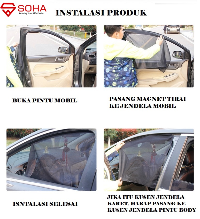 AM-08 SOHA Tirai Kaca Jendela Samping Mobil Anti UV Matahari / Anti Serangga Via Magnet Tinggal Nempel & Bahan Jaring Tebal Universal Semua Mobil