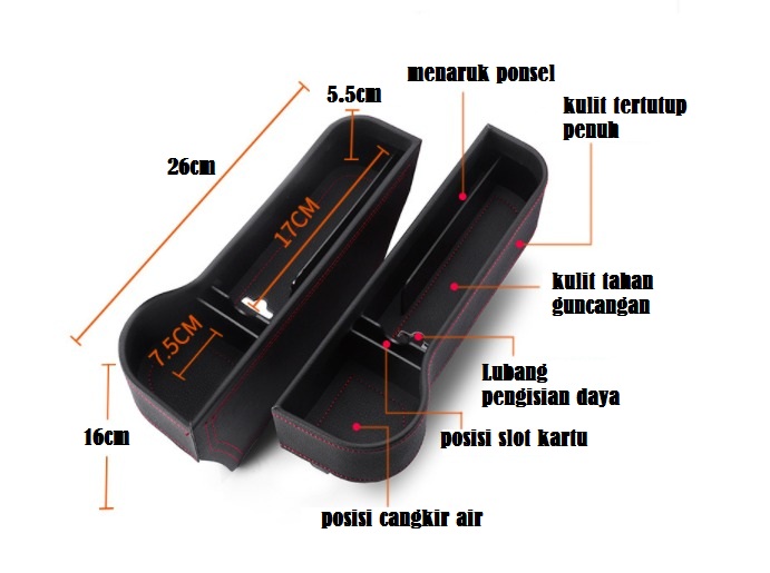 AM-12 Warna Hitam Kanan Car Storage Box Kotak Penyimpanan Celah Kursi Mobil Car Seat Gap Organizer Tempat Taruh HP Botol Koin Minuman Kursi Depan