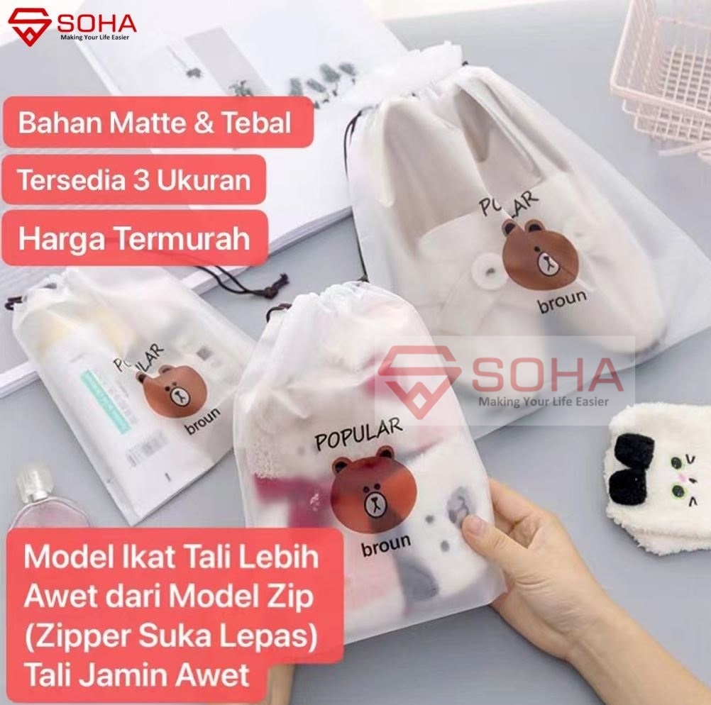 ART-043 30x35 cm SOHA Travel Pouch Organizer Tas Serut Kantong Serbaguna Make Up Bag Anti Air  Kantong Kosmetik Bahan Matte Tebal Model Tali Awet