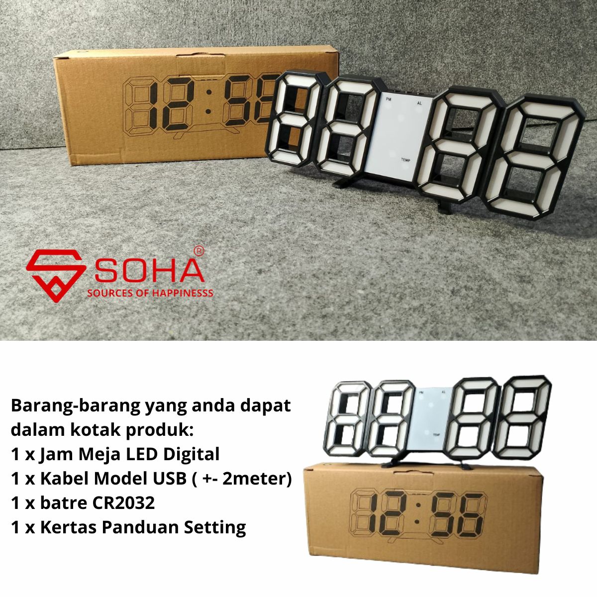 JD-01 HITAM SOHA Jam 3D Digital Dinding Meja Tembok Lampu LED Light clock Wall Dekorasi Minimalis Modern & unik