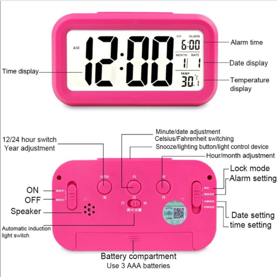 JD-05 Magenta Jam weaker Pintar Meja Digital LCD Alarm Kalender & Sensor Suhu Weker Lampu LED Smart Alarm Clock multifungsi