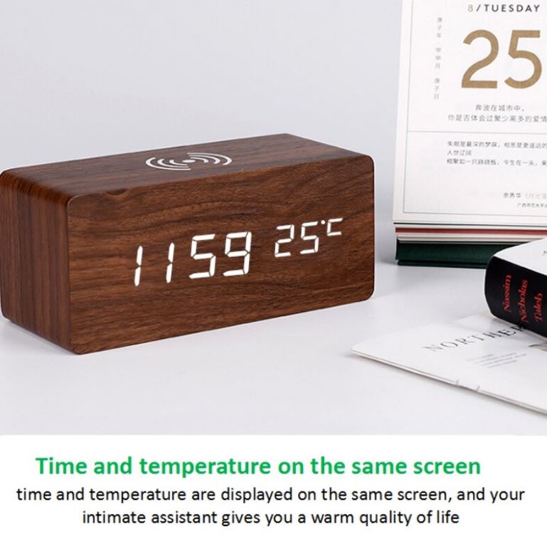 JD-06 Coklat Tua Wireless Charging Jam Kayu Digital Led Weker / Wooded Alarm LED Clock Waker Suhu temperature date Tanggal Jam Meja Kerja