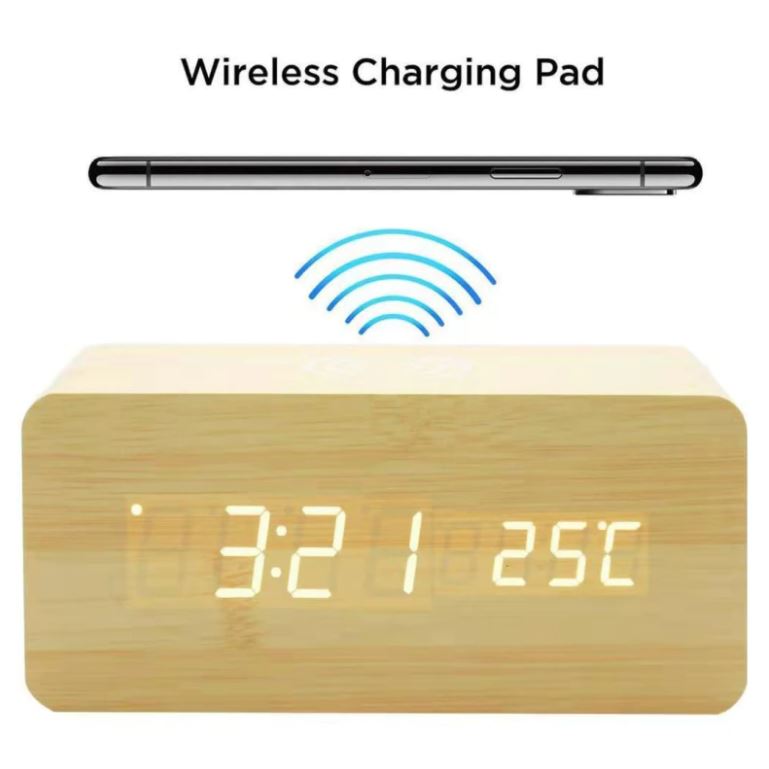 JD-06 Coklat Muda Wireless Charging Jam Kayu Digital Led Weker / Wooded Alarm LED Clock Waker Suhu temperature date Tanggal Jam Meja Kerja