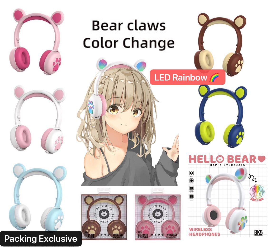 HGM-022 Bear Ear LED Light Headphones / Earphone Bisa Bluetooth / Bisa Kabel Aux Model Telinga Beruang ada Lampu nya Bass Stereo Rechargeable