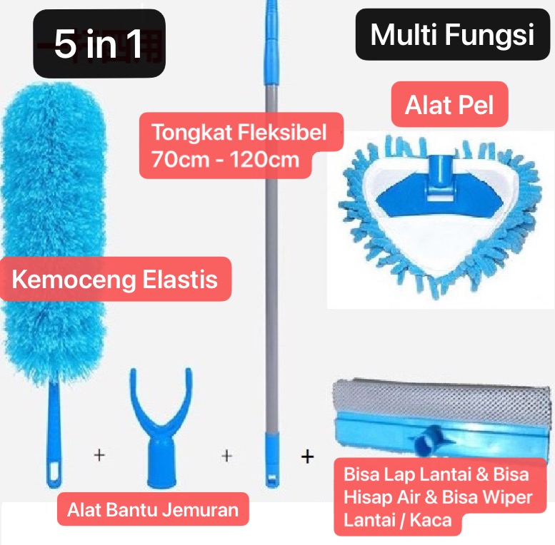 ART-019 5 in 1 Peralatan kebersihan Debu Kemoceng Elastis Lap Kaca Mobil Pengait Tongkat Kait Jemuran / Gantungan Baju Tongkat Bisa Panjang & Pendek