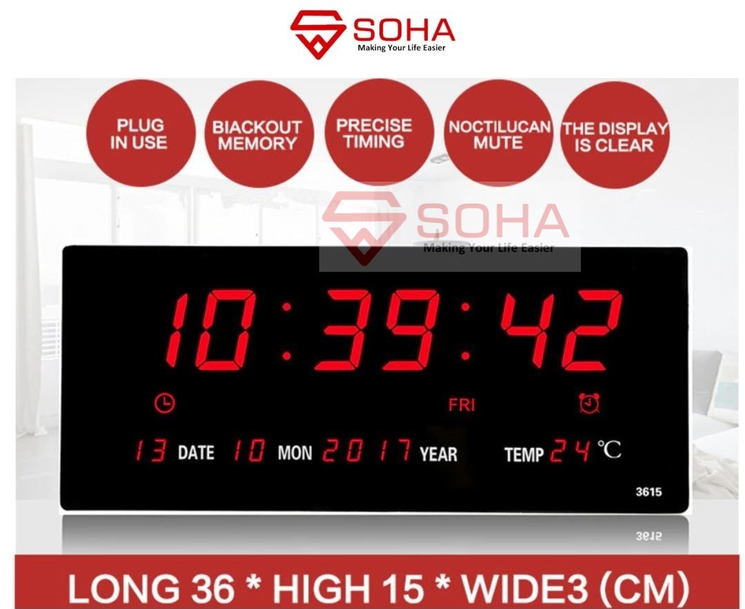 JD- 3615 LED Merah Jam Digital LED Clock Dinding / Meja Fitur Kalender Alarm Weker Smart Watch Tampilan Jelas